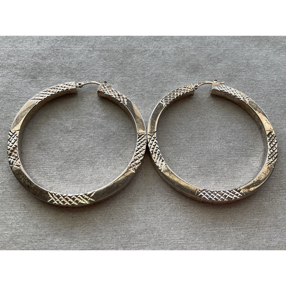 vintage sterling silver hoop earrings Large Diamond Cut Textured Pattern Estate